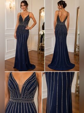 Avery G Navy Rhinestone Embellished Deep V Formal Gown Size 0 Prom Evening Dress